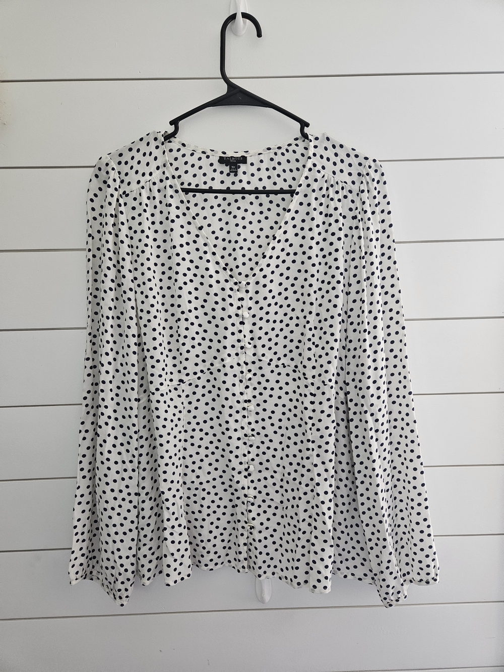 Talbots Classic Black Dot V-Neck Button Blouse - White/Black
